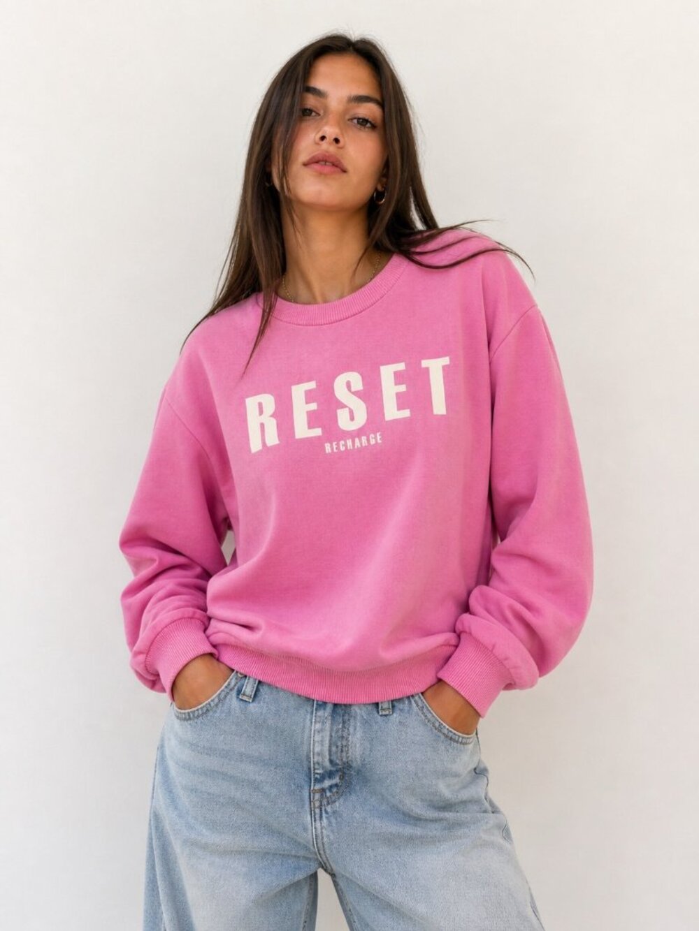 Reset Recharge Graphic Pink Sweatshirt By Kaffe Size Large Cotton Blend Crewneck
